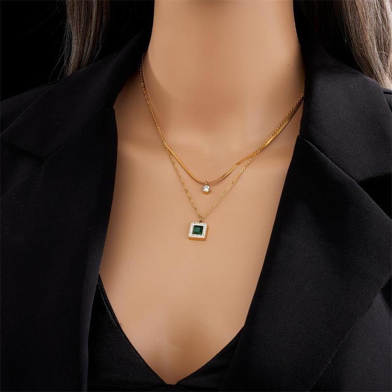 Emerald & Stone Square Dual Chain Necklace