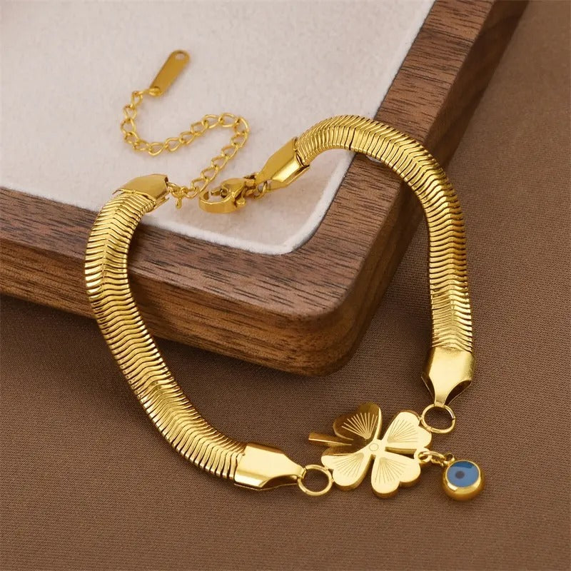 Evil's Eye Leaf Charm Snake Chain Bracelet