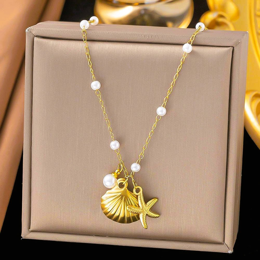 Pearl Chain Sea Shell Starfish Necklace