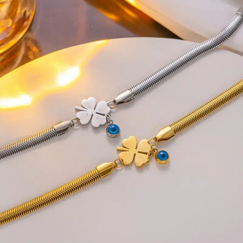 Evil's Eye Leaf Charm Snake Chain Bracelet