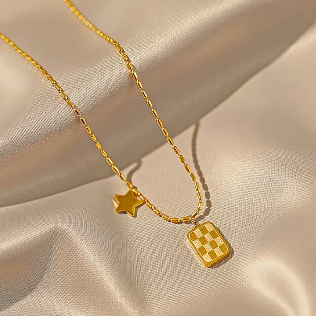 Chess Square Star Pendant Necklace