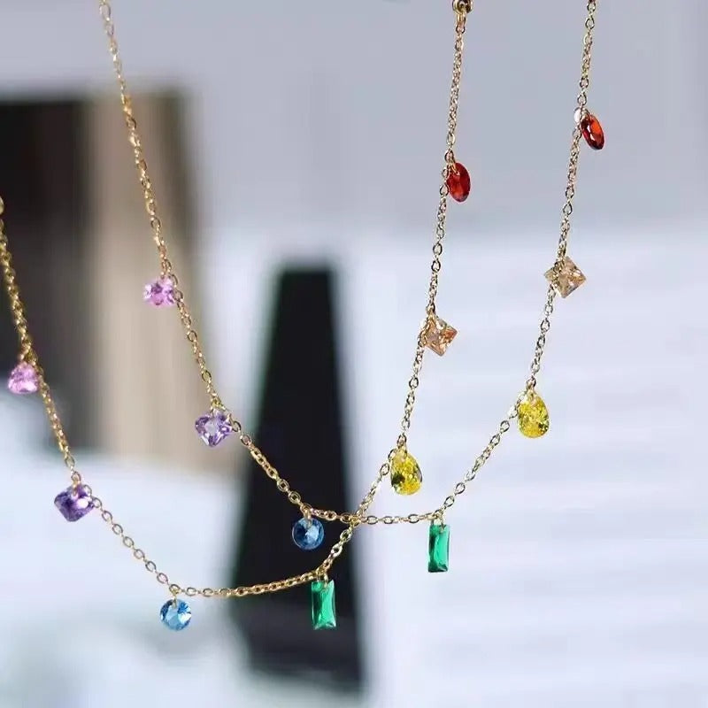 Rainbow Colored Cubic Zirconia Crystals Necklace