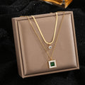 Emerald & Stone Square Dual Chain Necklace