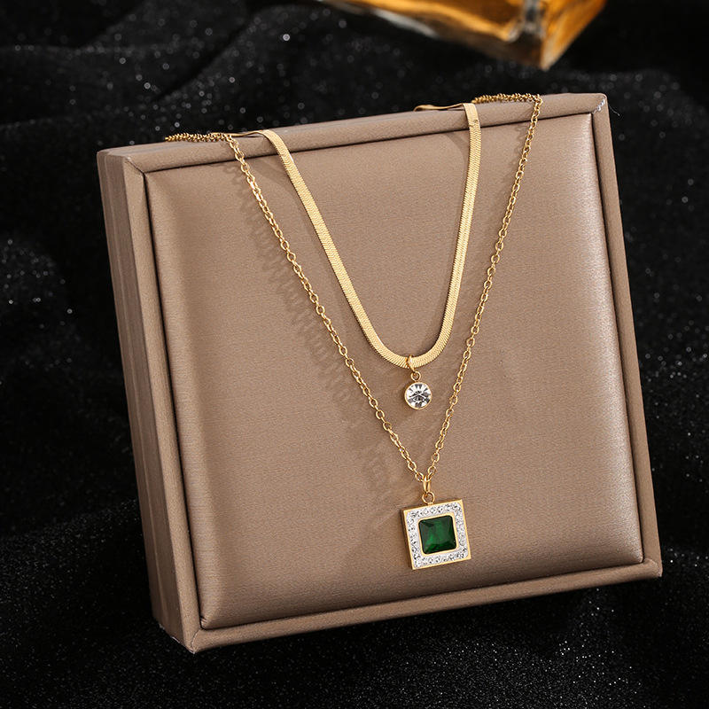 Emerald & Stone Square Dual Chain Necklace