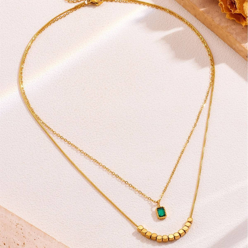 Green Stone Beads Chain Dual Layer Necklace