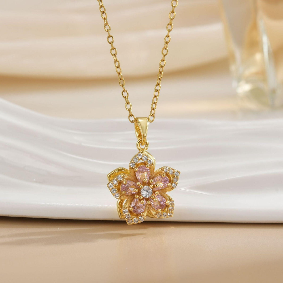 Rotating Pink Floral Pendant Necklace