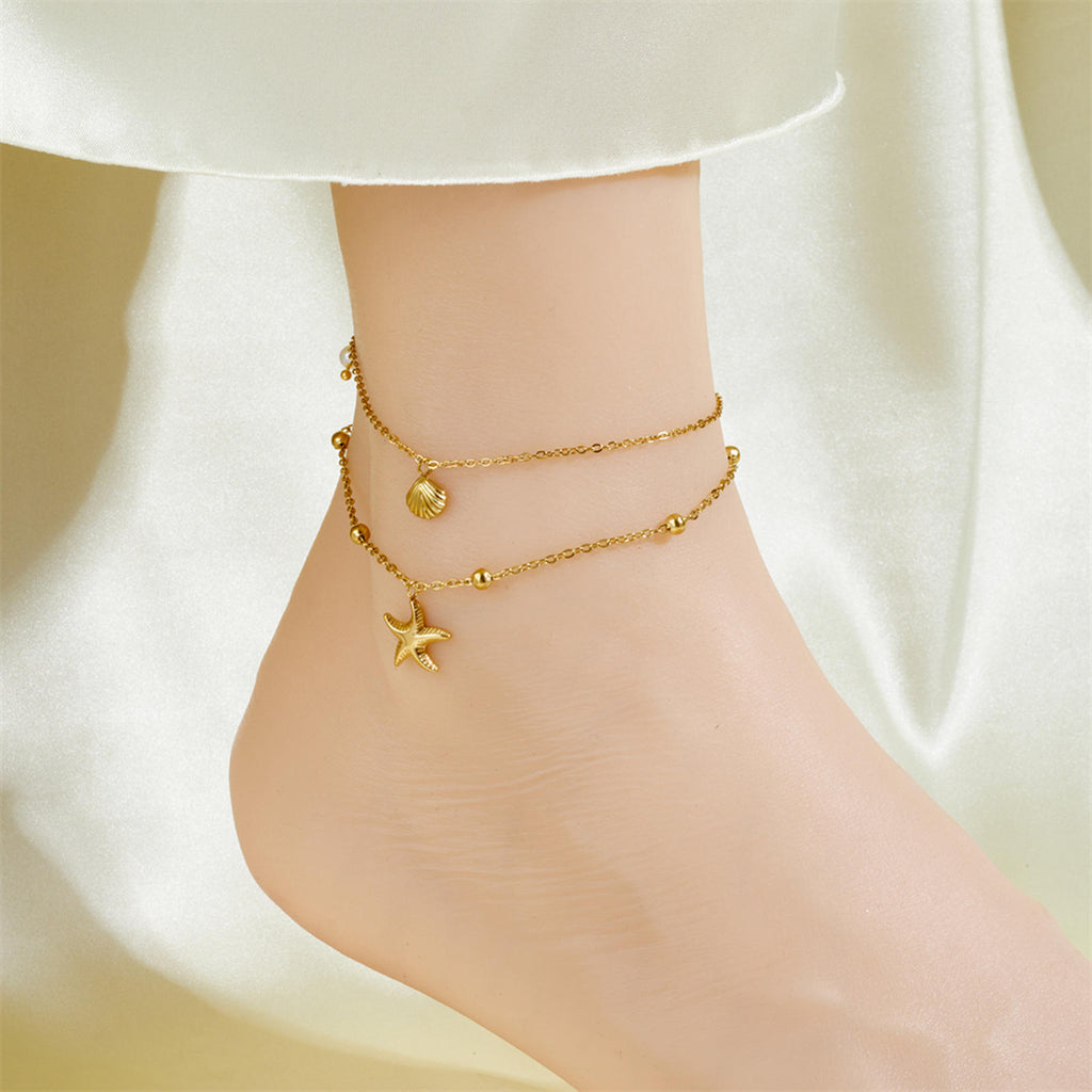 Sea Shell Satr Paerl Charms Dual Chain Anklet