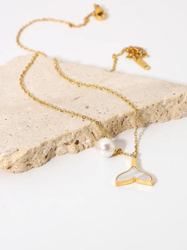Freshwater Pearl & Mermaid Tail Pendant Necklace