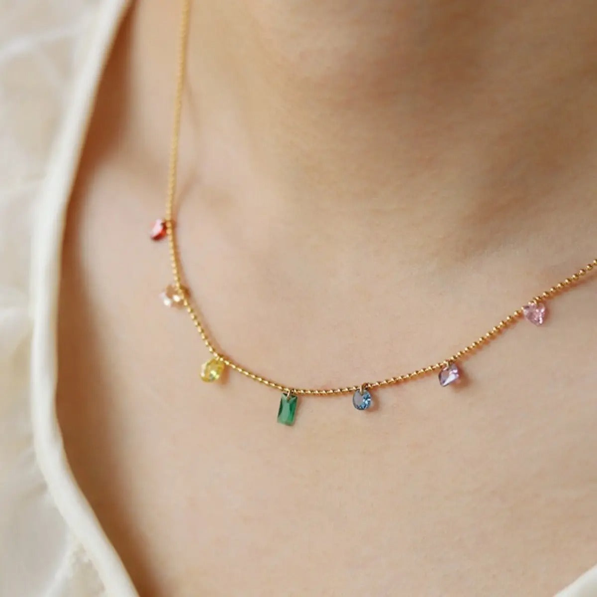 Rainbow Colored Cubic Zirconia Crystals Necklace