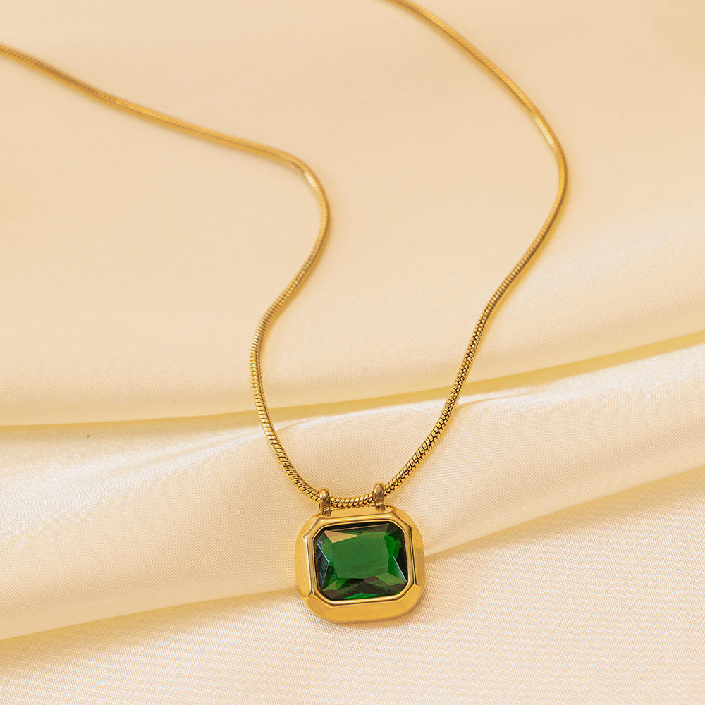 Square Cubic Emerald Style Stone Pendant Necklace