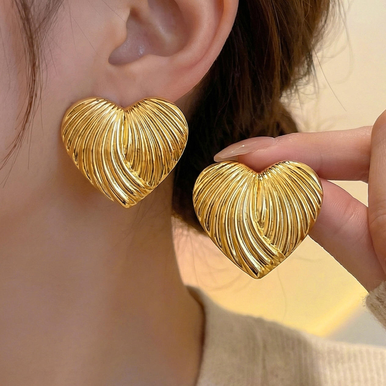 Striped Big Heart Stud Earrings