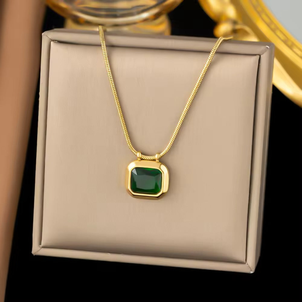 Square Cubic Emerald Style Stone Pendant Necklace