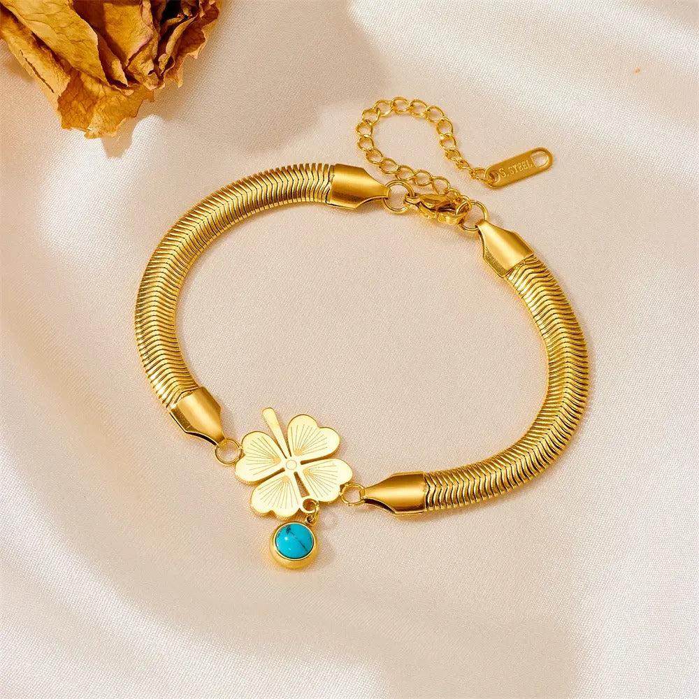 Evil's Eye Leaf Charm Snake Chain Bracelet