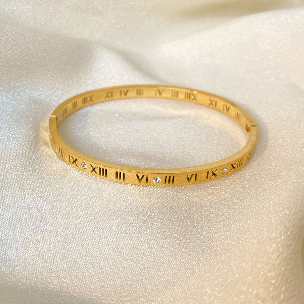 Roman Numbers Cut & Stone Bangle Bracelet