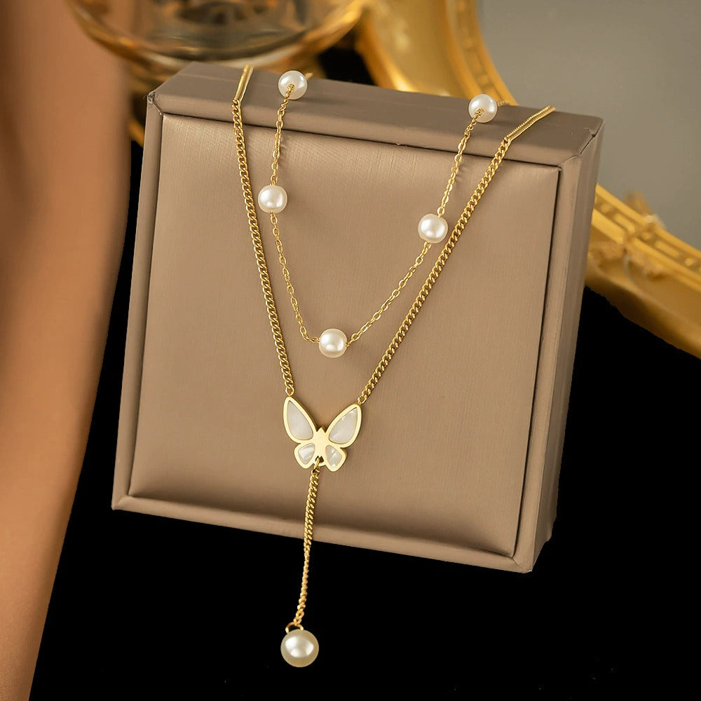 Pearl Chain Butterfly Drop Dual Layer Necklace