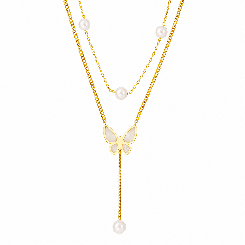 Pearl Chain Butterfly Drop Dual Layer Necklace