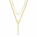 Pearl Chain Butterfly Drop Dual Layer Necklace