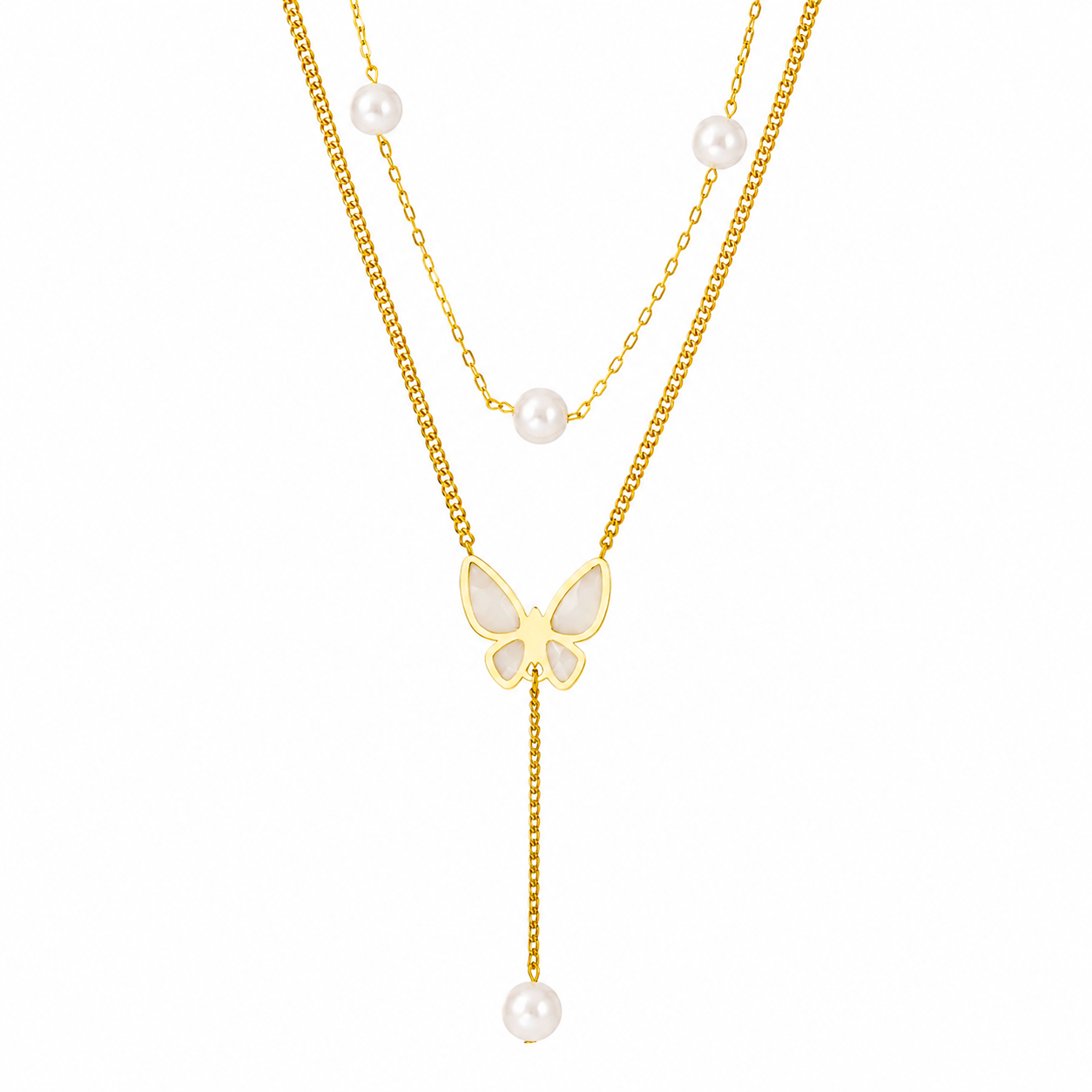 Pearl Chain Butterfly Drop Dual Layer Necklace