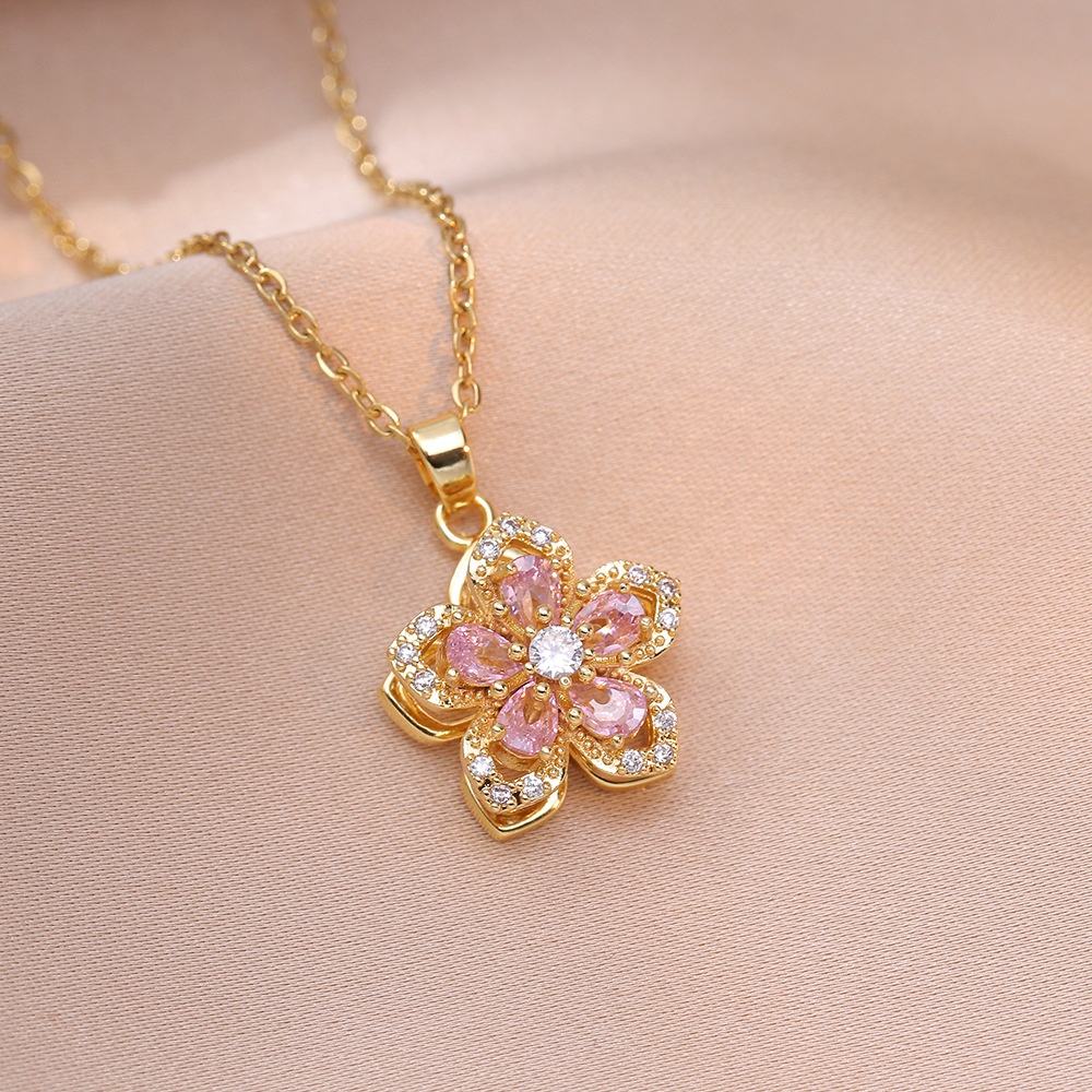 Rotating Pink Floral Pendant Necklace