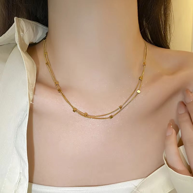 Retro Double-layer Herringbone Cubic Square Beads Necklace