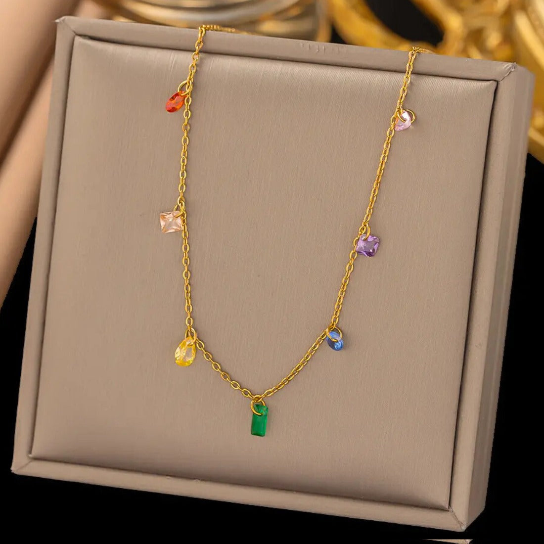 Rainbow Colored Cubic Zirconia Crystals Necklace