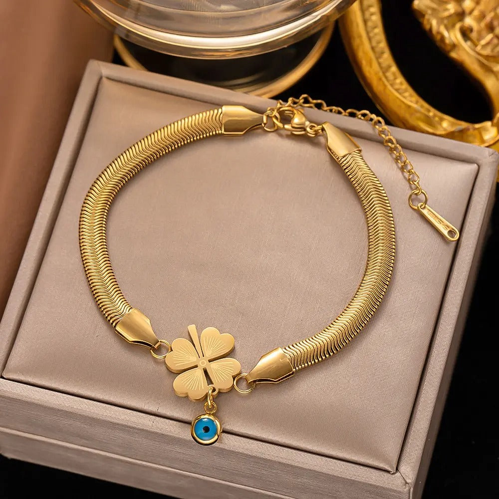 Evil's Eye Leaf Charm Snake Chain Bracelet