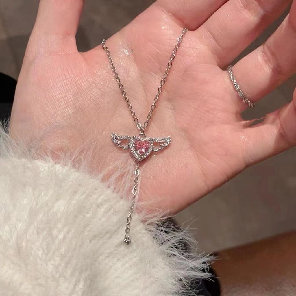 Dainty Angel Wings Pink Heart & Drop Necklace