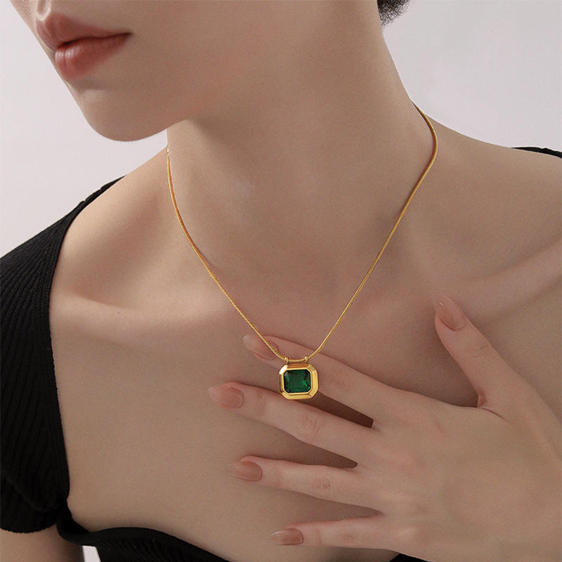 Square Cubic Emerald Style Stone Pendant Necklace