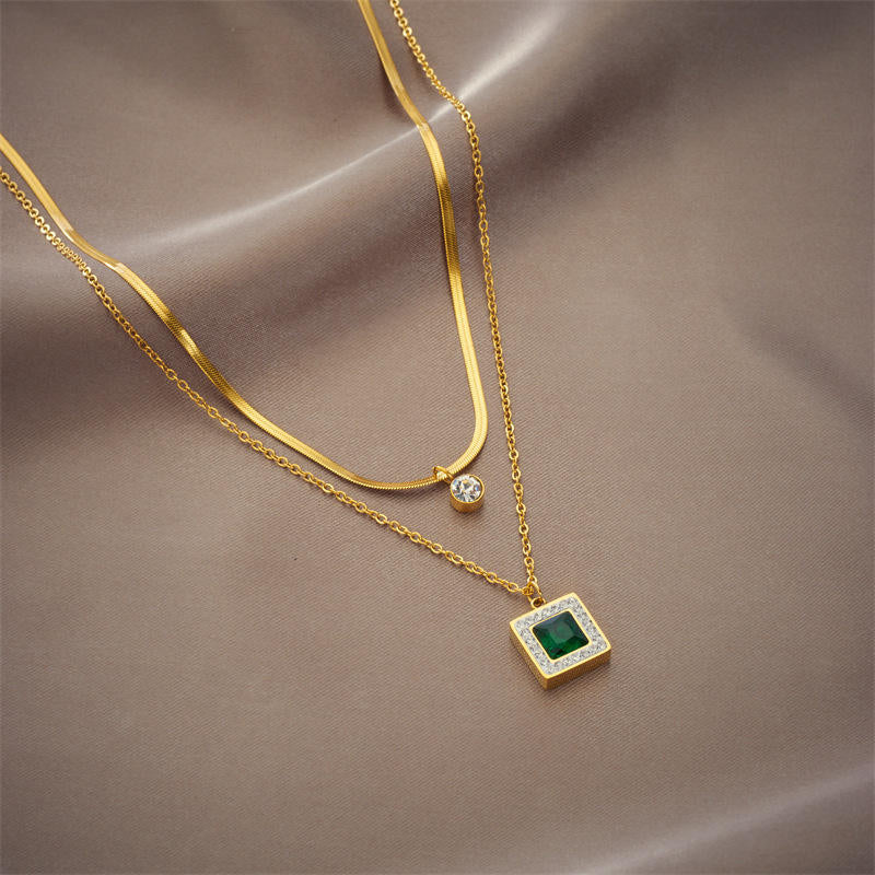 Emerald & Stone Square Dual Chain Necklace