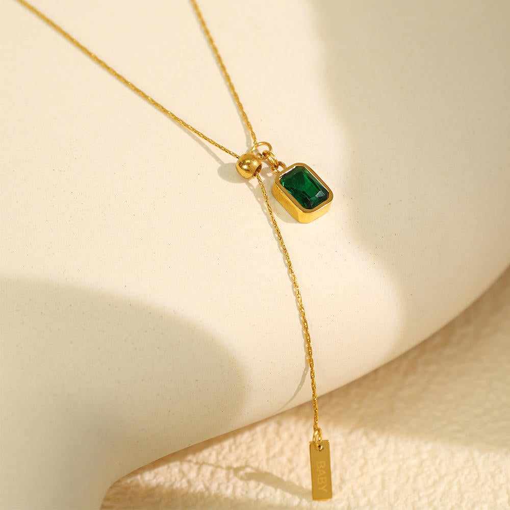 Emerald Pendant Baby Engraved Bar Drop Necklace