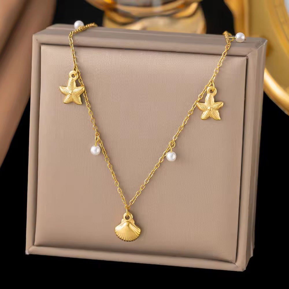 Sea Shell Star Theme Pearl Charms Necklace