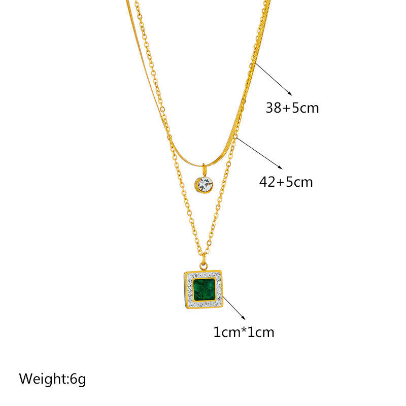 Emerald & Stone Square Dual Chain Necklace