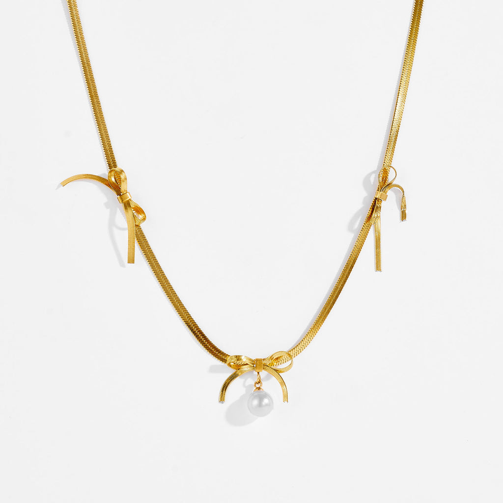 Triple Bowknot Pearl Snake Chain Necklace