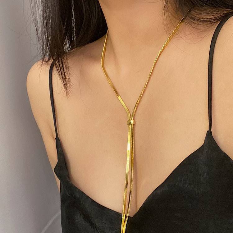 Long Adjustable Snake Bone Flat Chain Necklace
