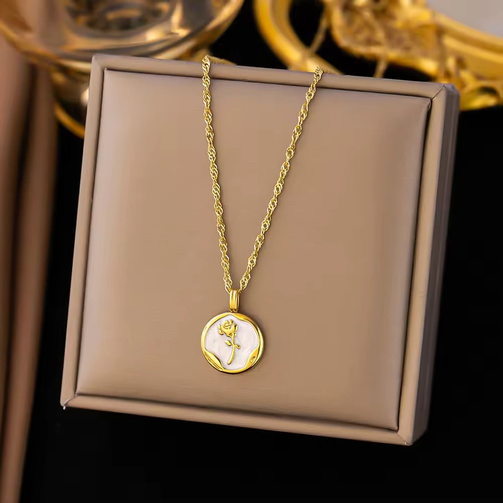 Rose Enamelled Pendant With Trited Style Chain Necklace