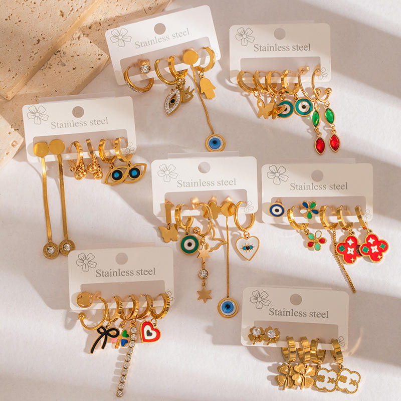 Enameled Evil Eye, Heart & Butterfly Mismatching Earrings 6PCS Set Collection