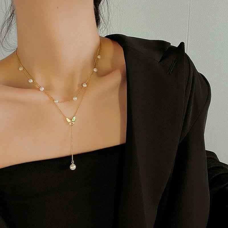 Pearl Chain Butterfly Drop Dual Layer Necklace