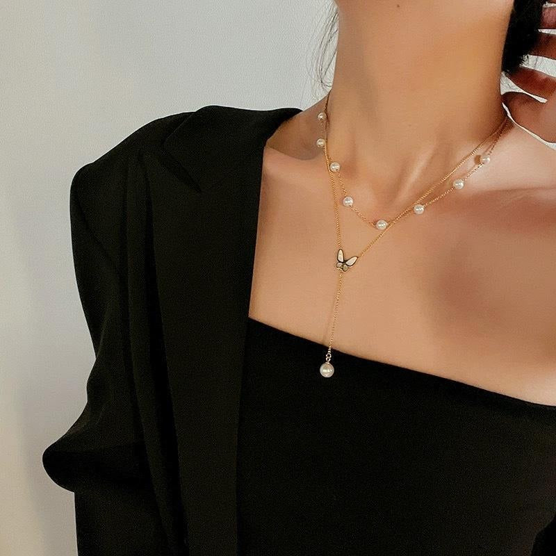 Pearl Chain Butterfly Drop Dual Layer Necklace