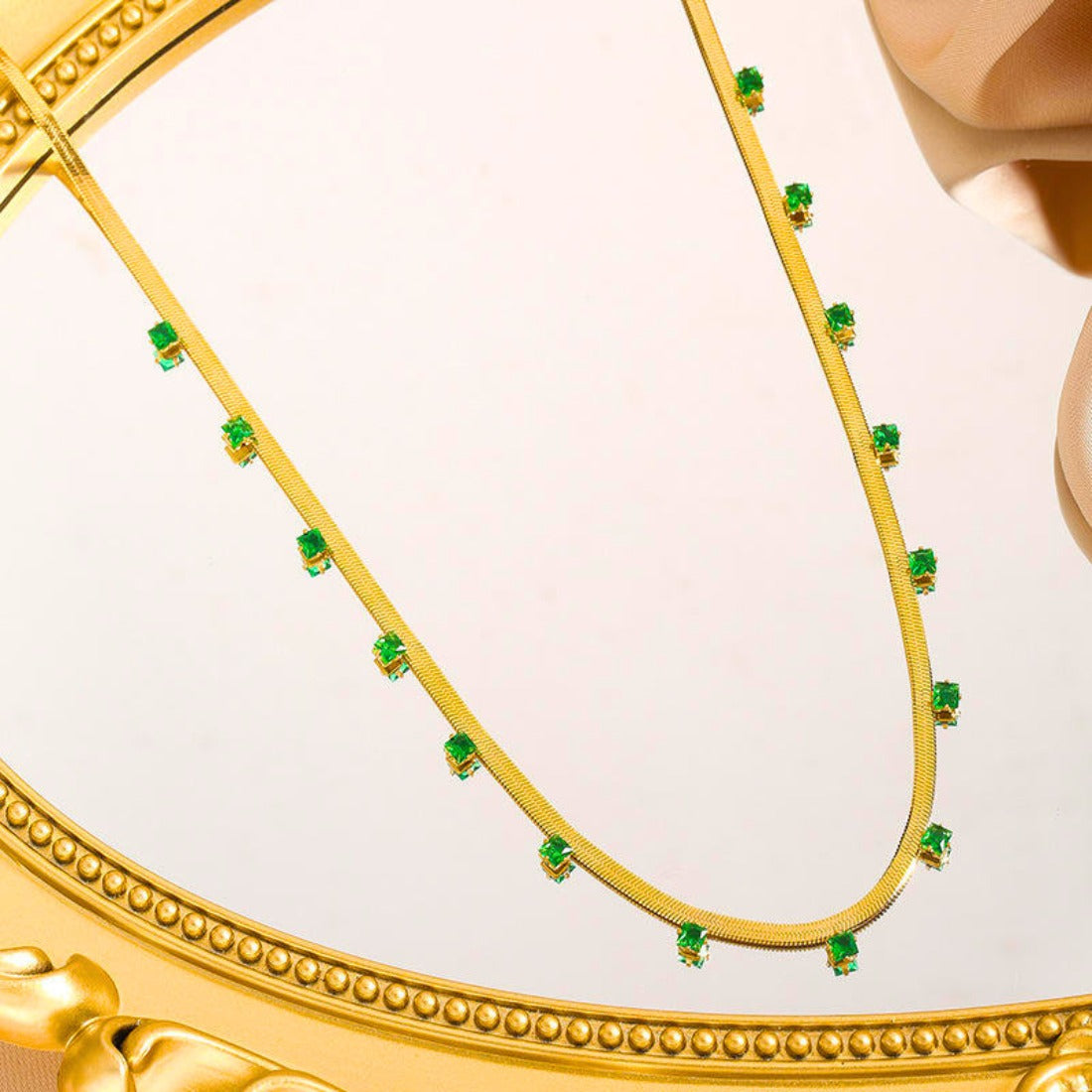 Green Stone Studded Snake Chain Necklace