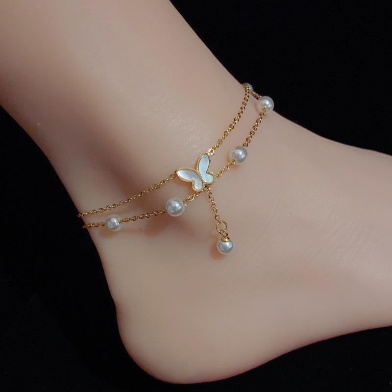 Beads & Butterfly Dual Chain Anklet