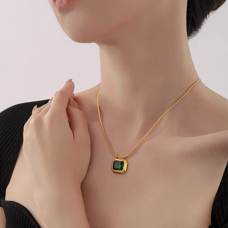 Square Cubic Emerald Style Stone Pendant Necklace