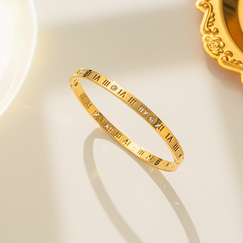 Roman Numbers Cut & Stone Bangle Bracelet