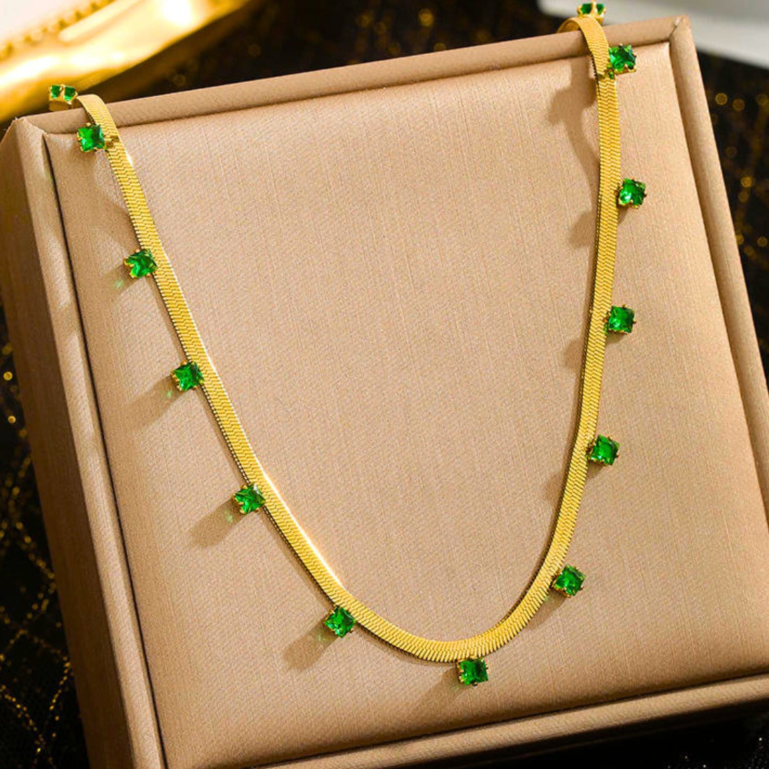 Green Stone Studded Snake Chain Necklace