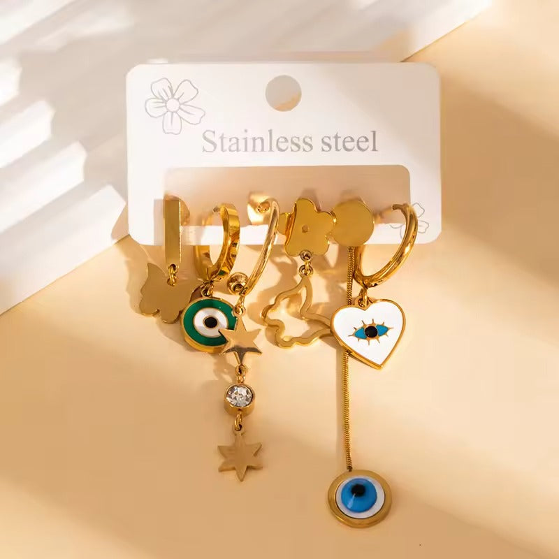 Enameled Evil Eye, Heart & Butterfly Mismatching Earrings 6PCS Set Collection