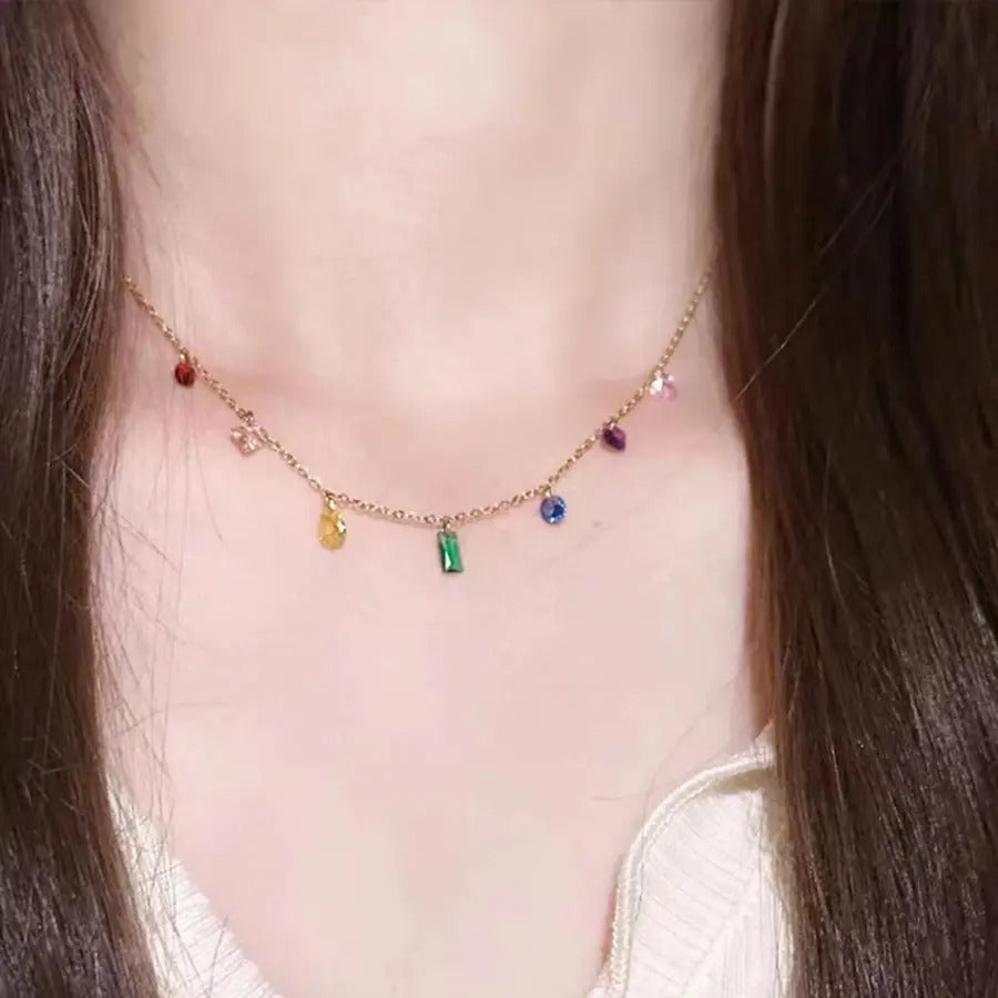 Rainbow Colored Cubic Zirconia Crystals Necklace
