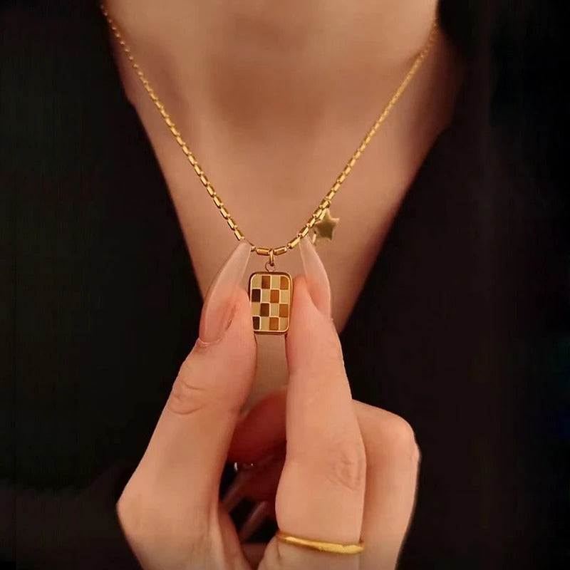 Chess Square Star Pendant Necklace
