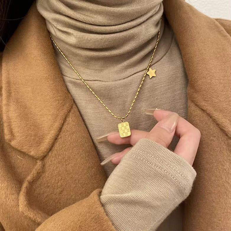 Chess Square Star Pendant Necklace