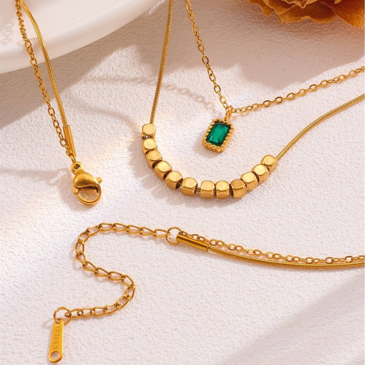 Green Stone Beads Chain Dual Layer Necklace