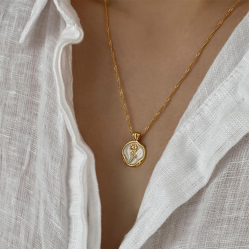 Rose Enamelled Pendant With Trited Style Chain Necklace