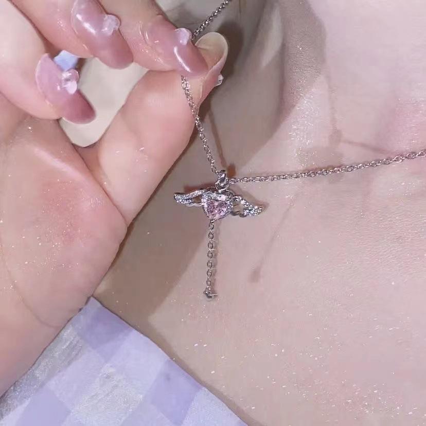 Dainty Angel Wings Pink Heart & Drop Necklace